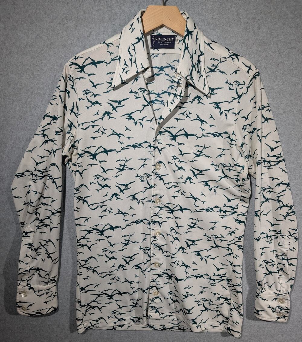 VTG Givenchy Gentlemen Paris Polyester White w Green Birds AOP Long Sleeve Shirt